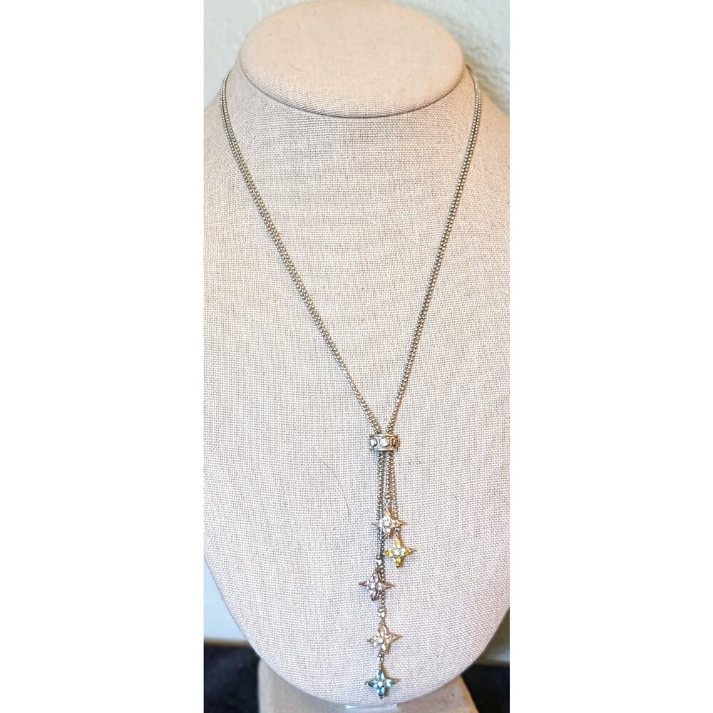 Kiam Family Double Silver Tone Beaded Chain Multi Crystal Star Dangle Necklace
